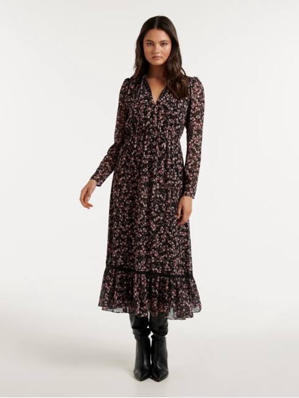 Anthea Tie Neck Midi Dress by Ever New Floral long sleeve amazing condition